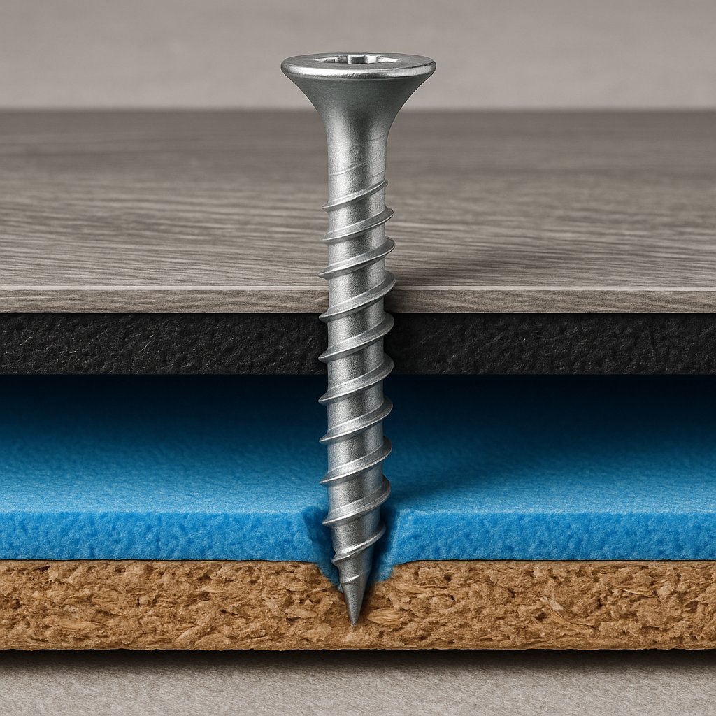 Screw penetrating through floor and underlayment